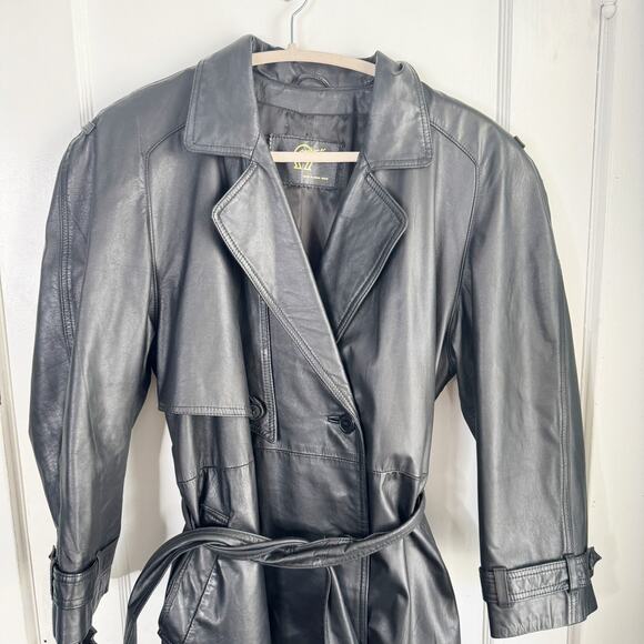 Vintage Etienne Aigner 100% Leather Trenchcoat Long Belted Black Size Medium M - Picture 3 of 16